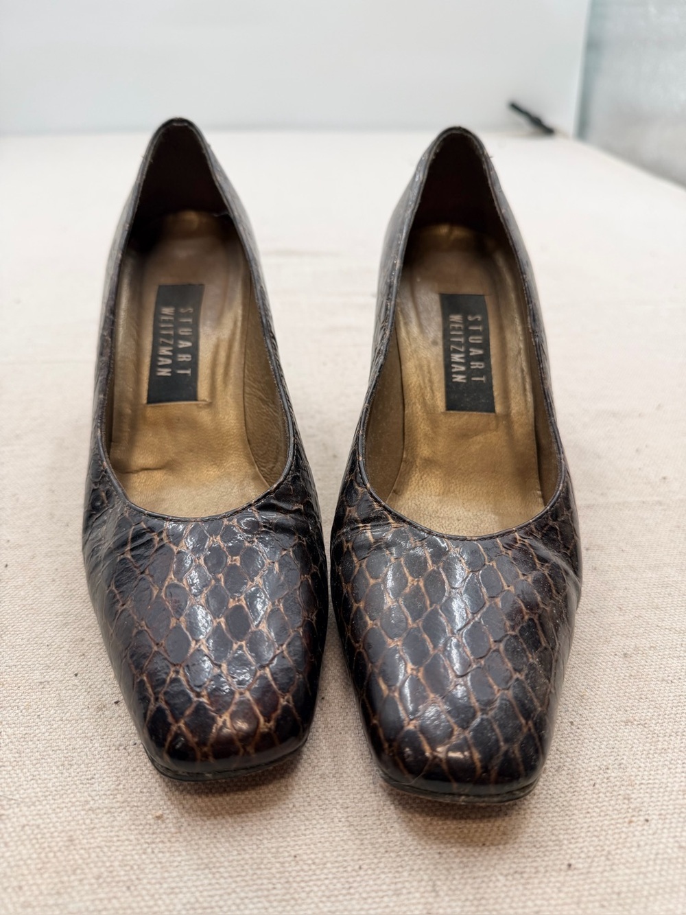 Stuart Weitzman Dark Brown Snake-Embossed Leather Pumps